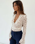 Slim-Fit Lace Top with V-Neck and Flared Sleeves for Women