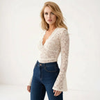 Slim-Fit Lace Top with V-Neck and Flared Sleeves for Women