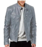 Slim Fit Men's Leather Jacket with Notched Collar