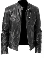 Slim Fit Men's Leather Jacket with Notched Collar