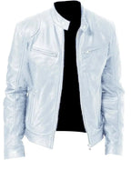 Slim Fit Men's Leather Jacket with Notched Collar