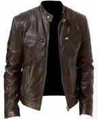 Slim Fit Men's Leather Jacket with Notched Collar