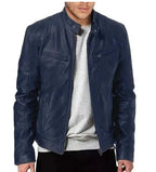 Slim Fit Men's Leather Jacket with Notched Collar