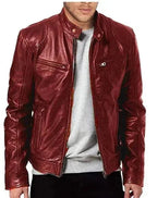 Slim Fit Men's Leather Jacket with Notched Collar