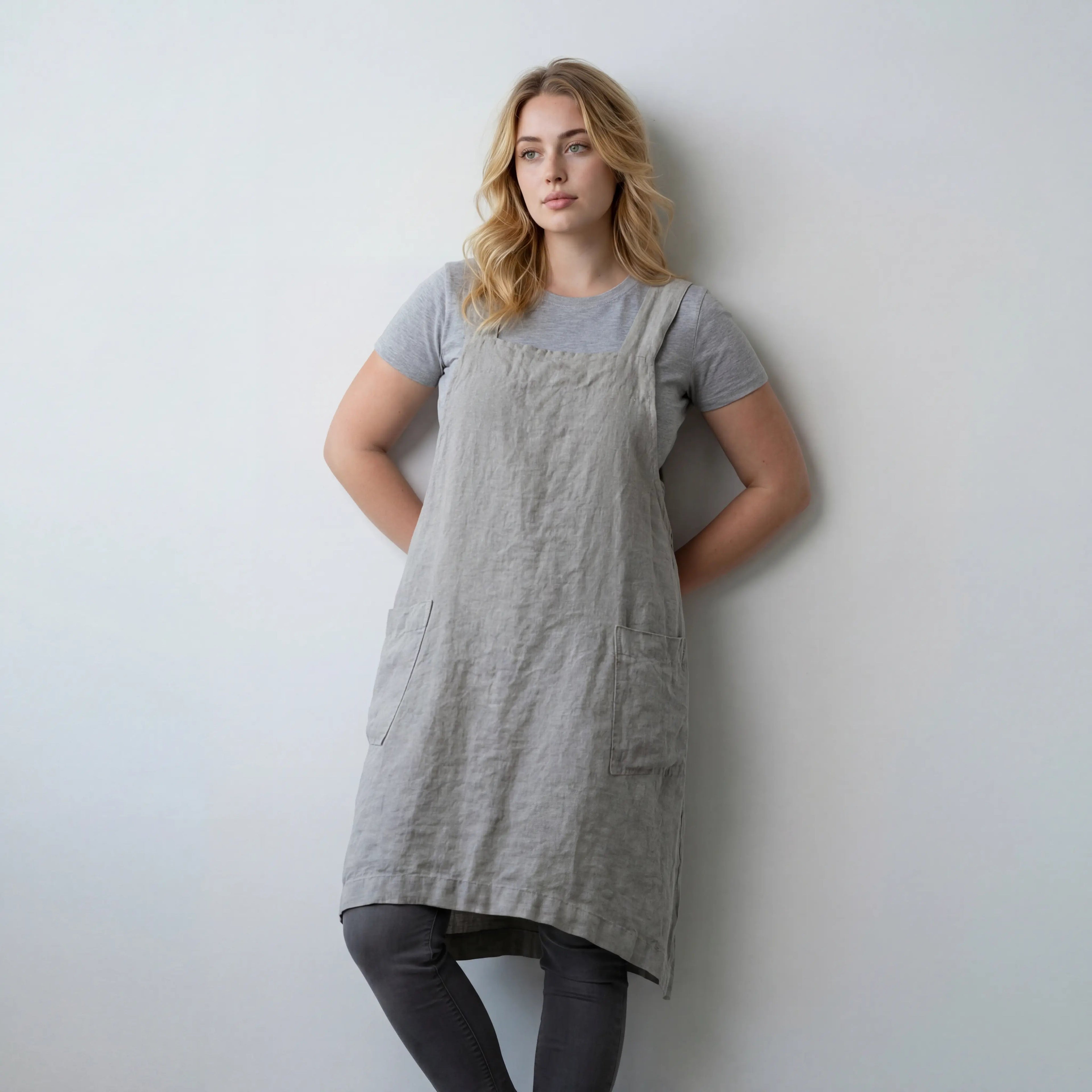 Straight Cut Apron Dress with Crossed Bib Straps