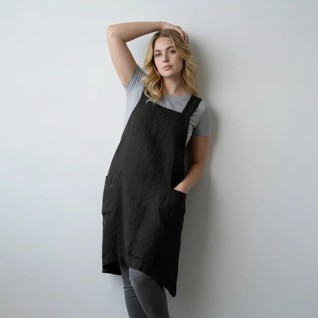 Straight Cut Apron Dress with Crossed Bib Straps