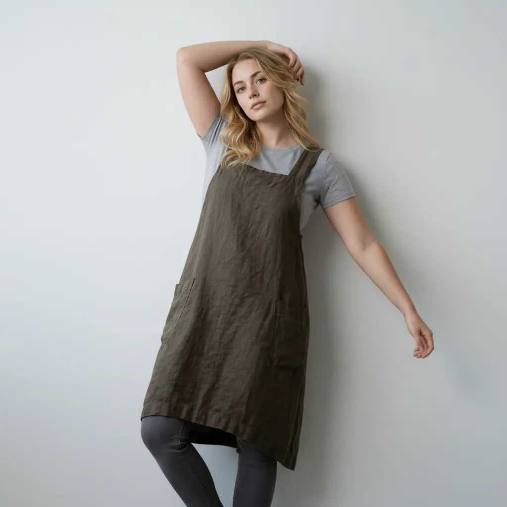 Straight Cut Apron Dress with Crossed Bib Straps