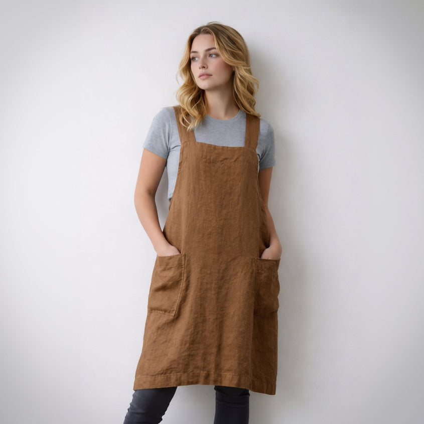 Straight Cut Apron Dress with Crossed Bib Straps