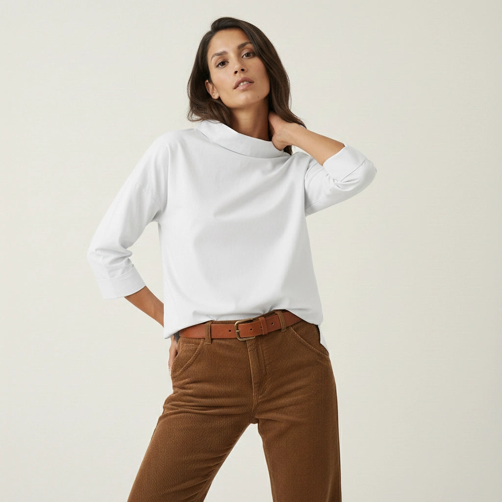 Straight Cut Blouse with Wide Stand-Up Collar for Women