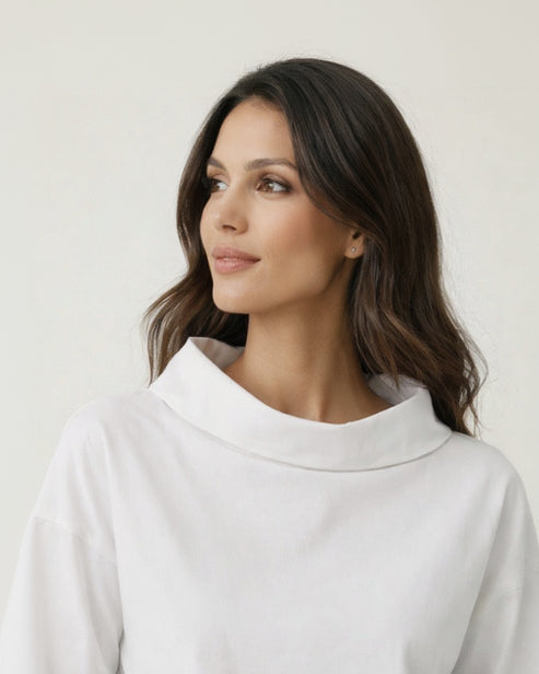 Straight Cut Blouse with Wide Stand-Up Collar for Women