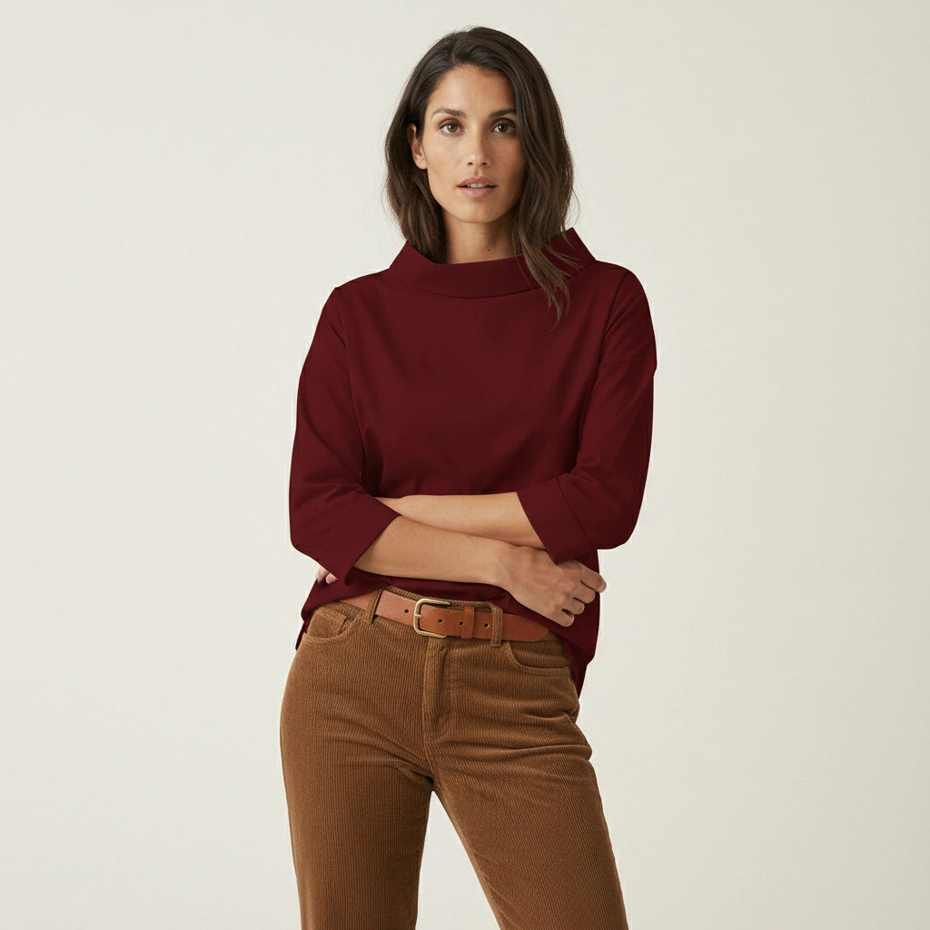 Straight Cut Blouse with Wide Stand-Up Collar for Women