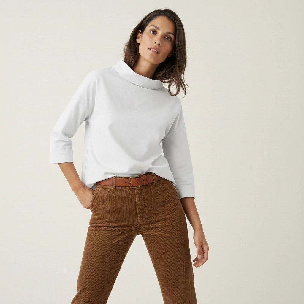 Straight Cut Blouse with Wide Stand-Up Collar for Women