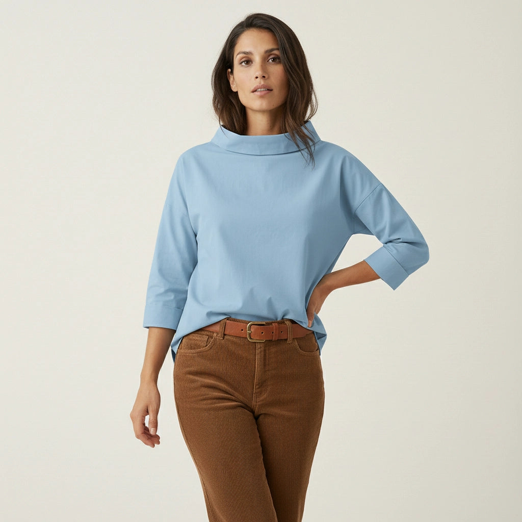 Straight Cut Blouse with Wide Stand-Up Collar for Women