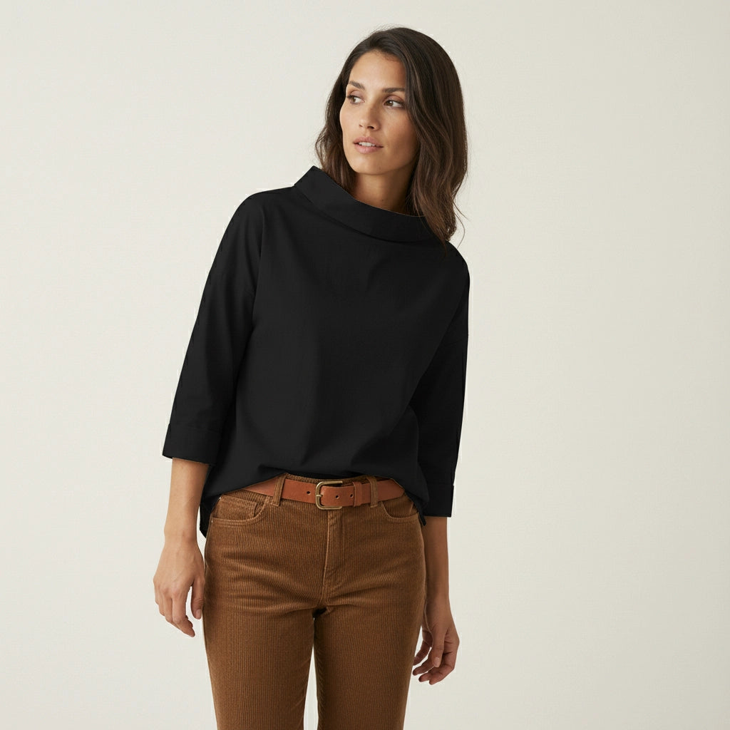 Straight Cut Blouse with Wide Stand-Up Collar for Women