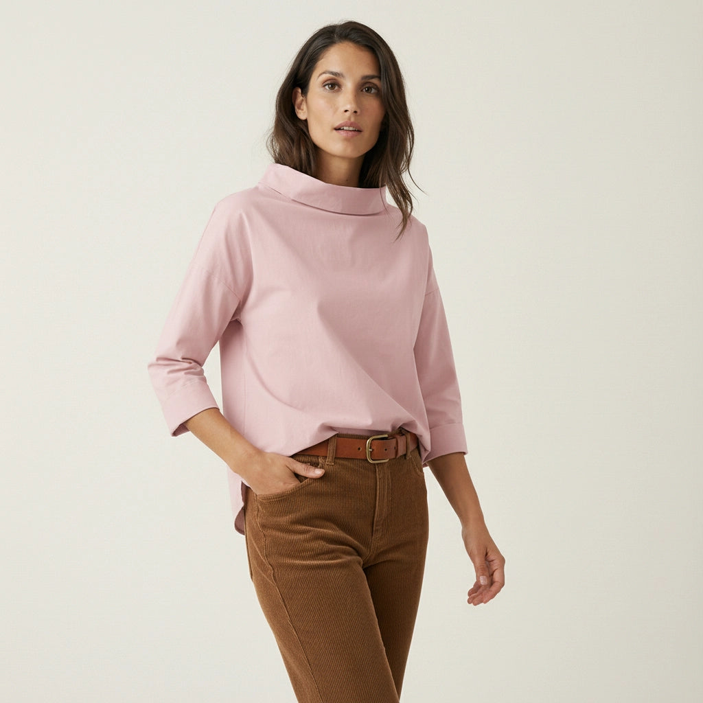 Straight Cut Blouse with Wide Stand-Up Collar for Women