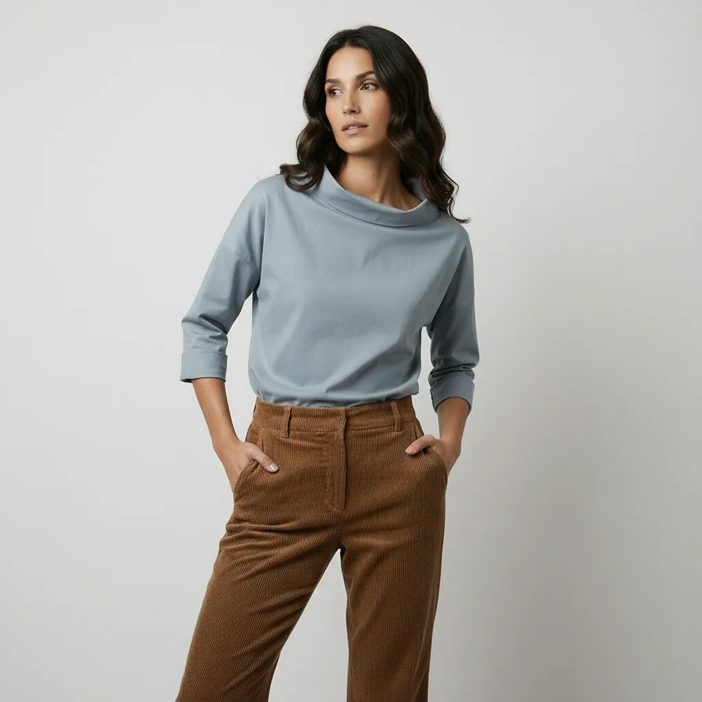 Straight Cut Blouse with Wide Stand-Up Collar for Women