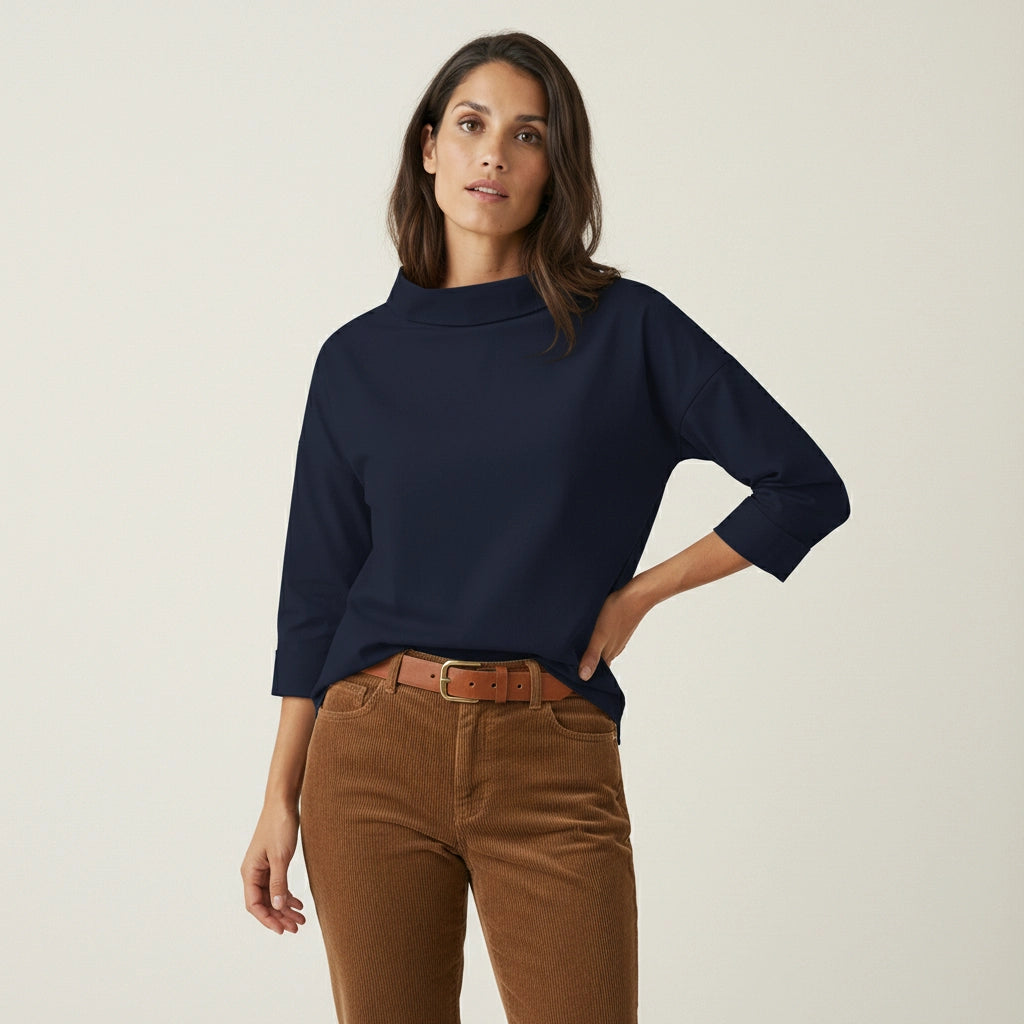 Straight Cut Blouse with Wide Stand-Up Collar for Women
