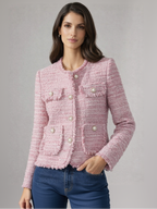Tailored Collarless Tweed Jacket with Patch Pockets for Women