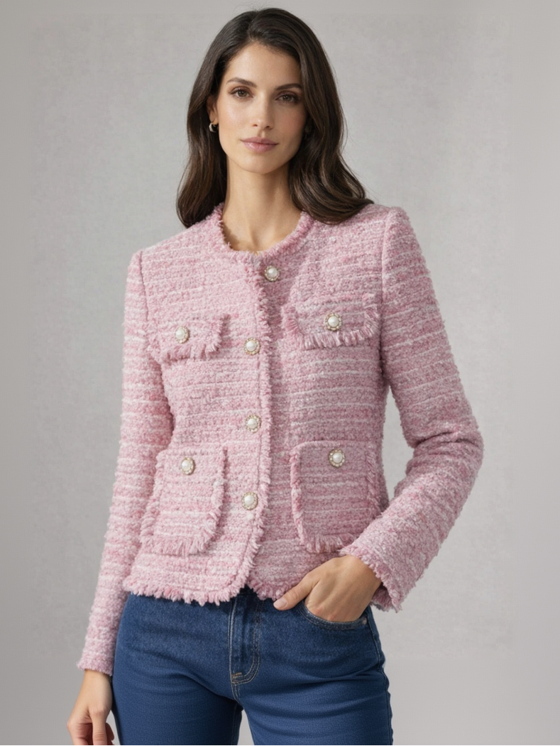 Tailored Collarless Tweed Jacket with Patch Pockets for Women