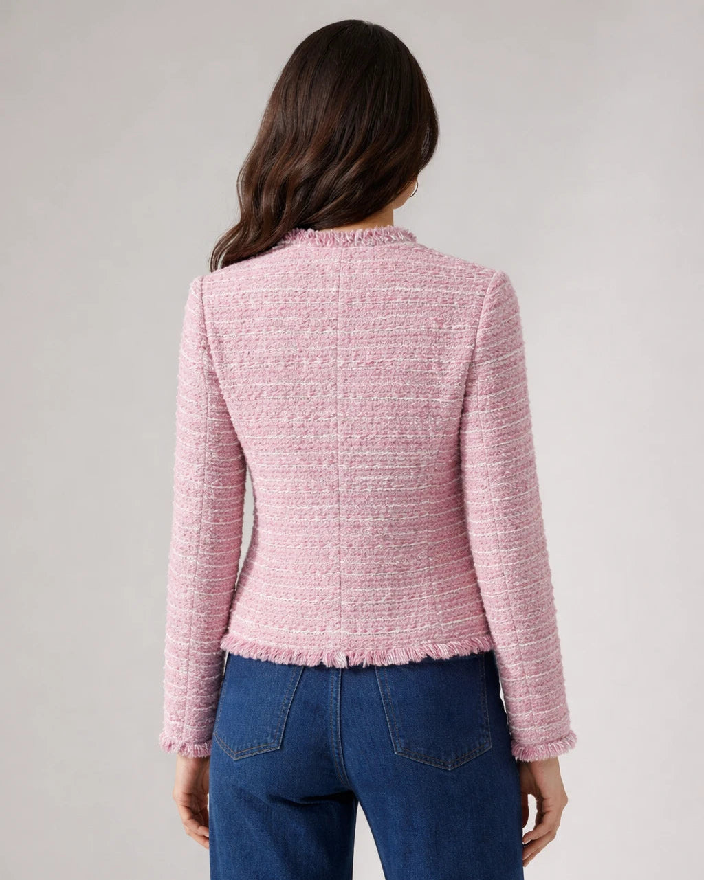 Tailored Collarless Tweed Jacket with Patch Pockets for Women