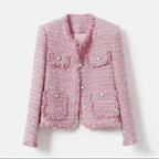 Tailored Collarless Tweed Jacket with Patch Pockets for Women