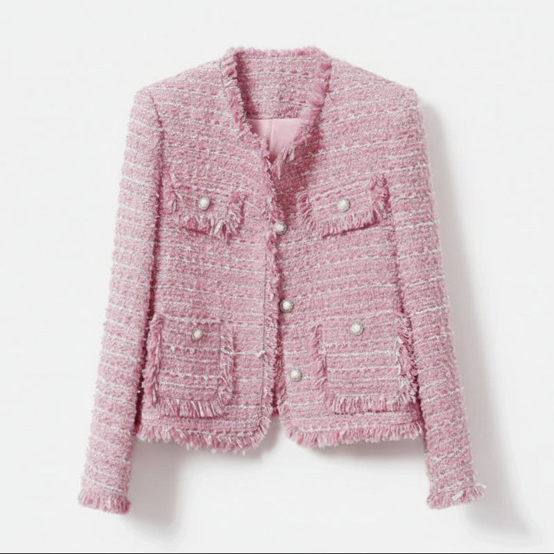 Tailored Collarless Tweed Jacket with Patch Pockets for Women