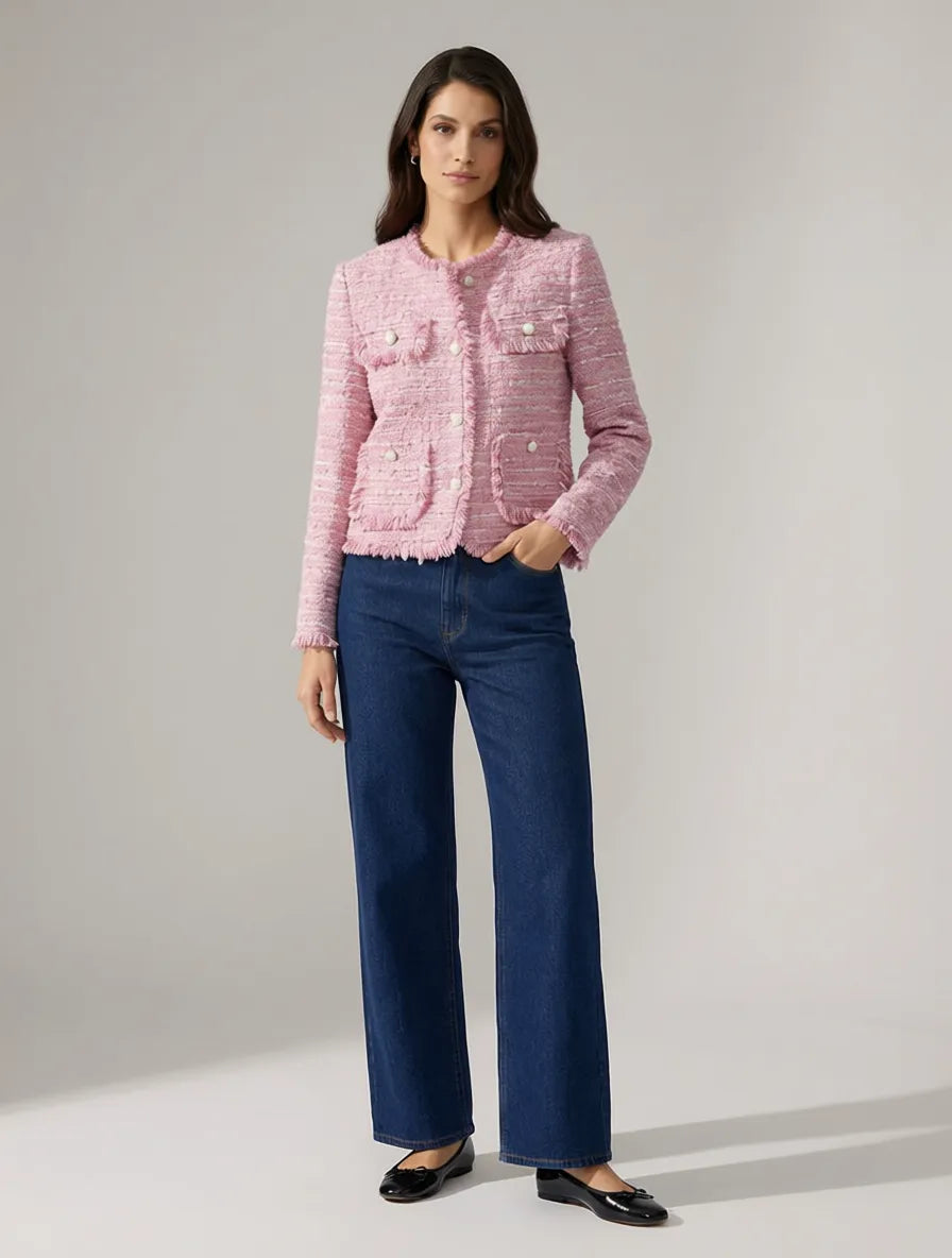 Tailored Collarless Tweed Jacket with Patch Pockets for Women