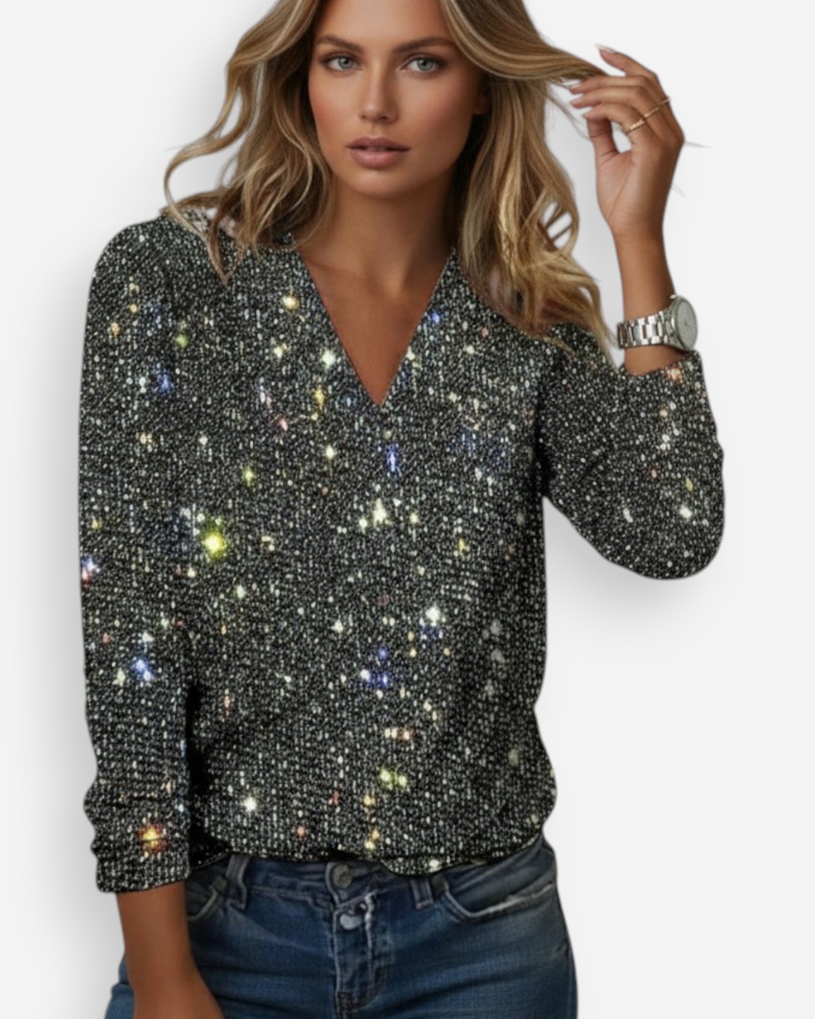 V-Neck Long Sleeve Sequin Top for Women