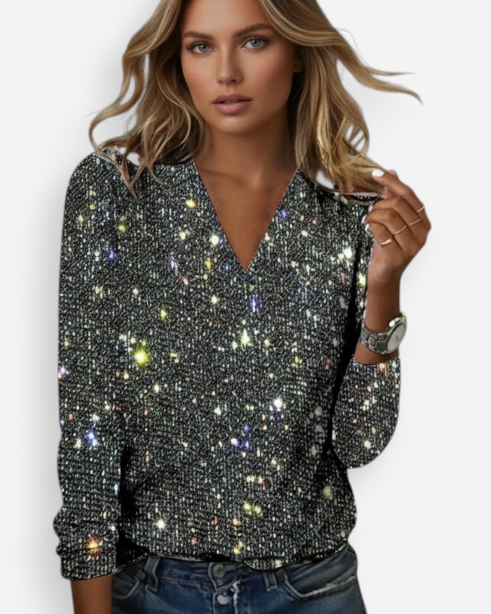 V-Neck Long Sleeve Sequin Top for Women