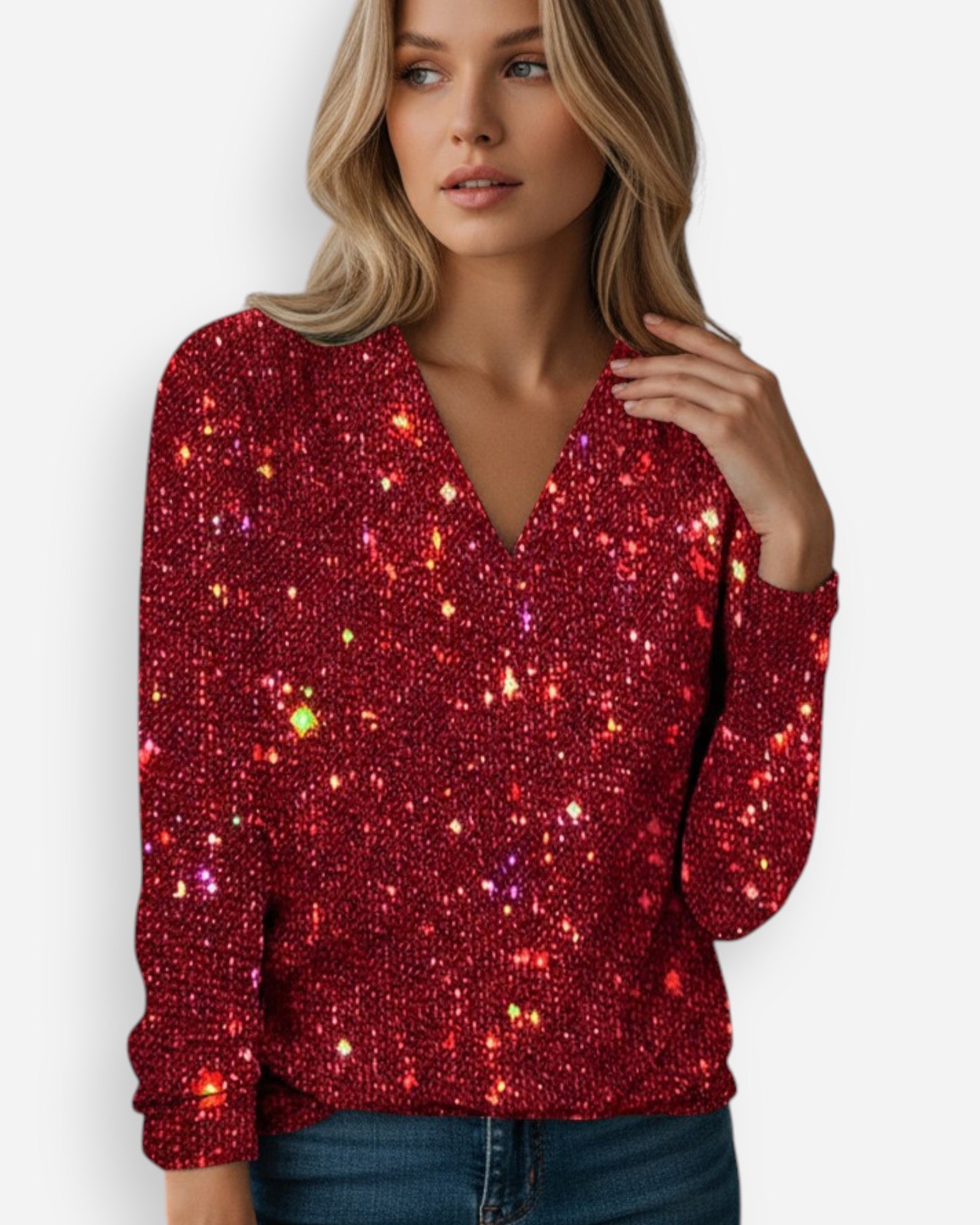 V-Neck Long Sleeve Sequin Top for Women
