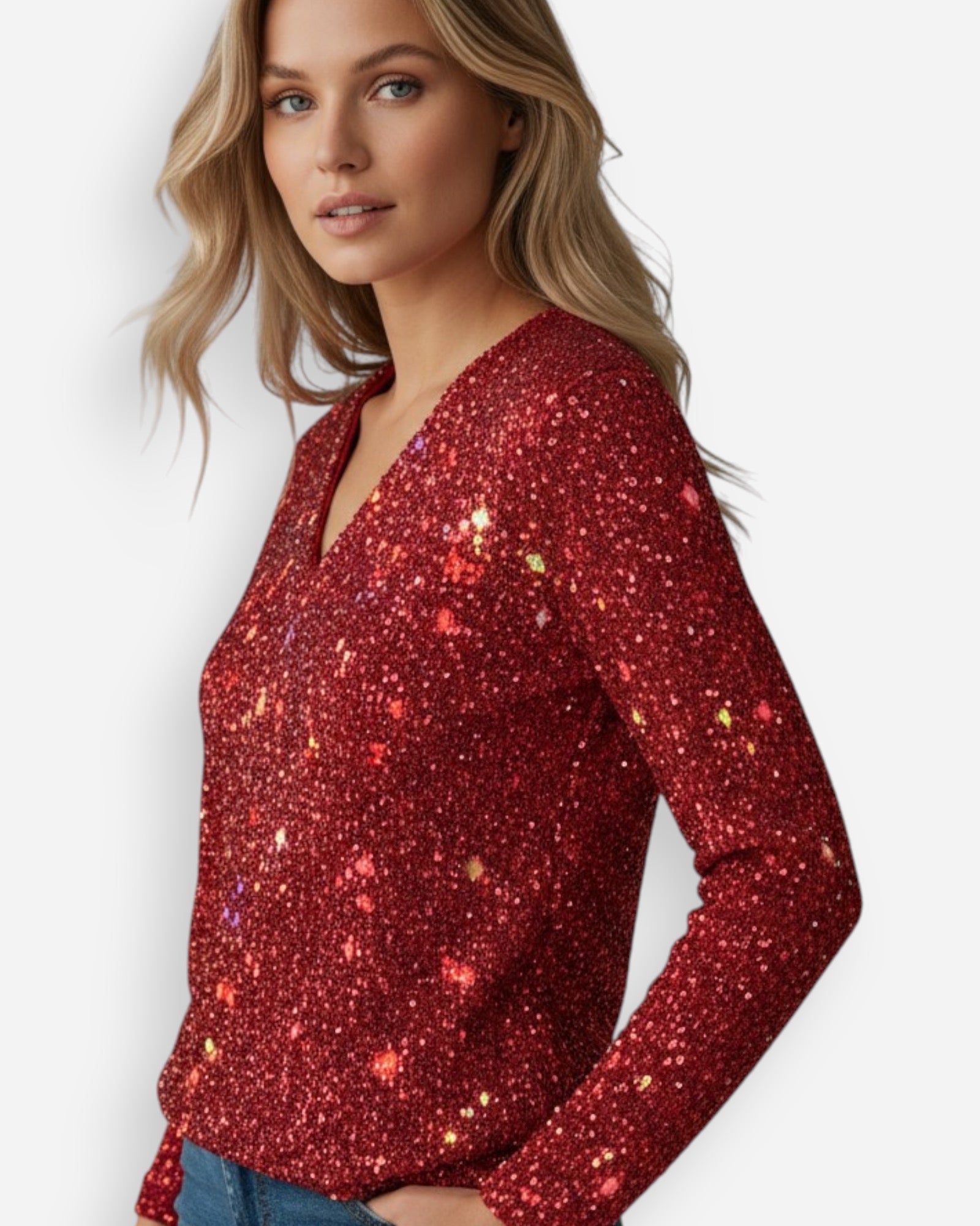 V-Neck Long Sleeve Sequin Top for Women