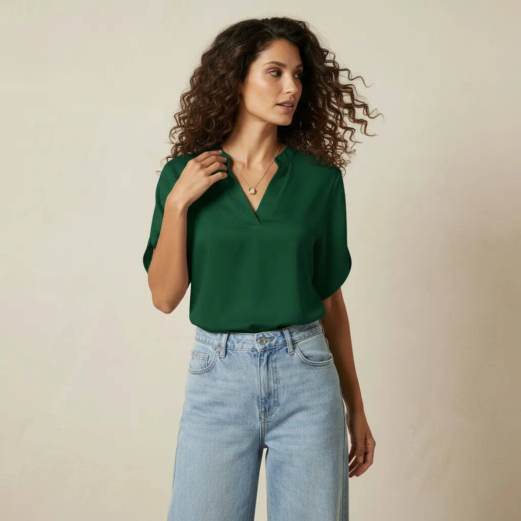 V-Neck Short Sleeve Women's Blouse with Minimalist Design