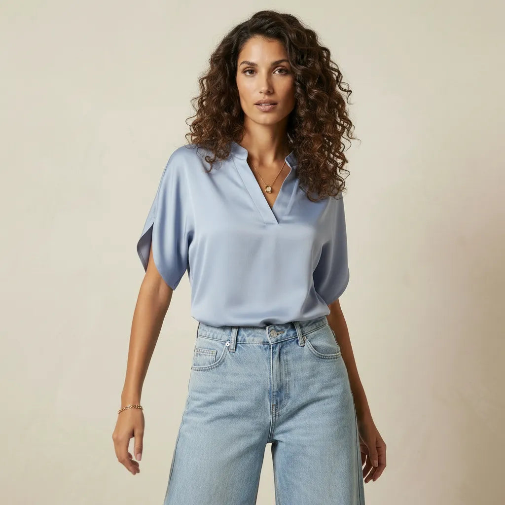 V-Neck Short Sleeve Women's Blouse with Minimalist Design