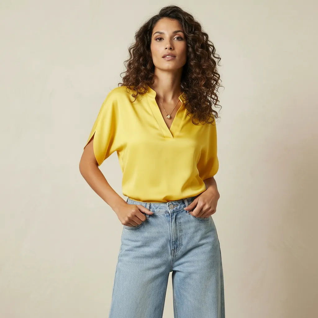 V-Neck Short Sleeve Women's Blouse with Minimalist Design