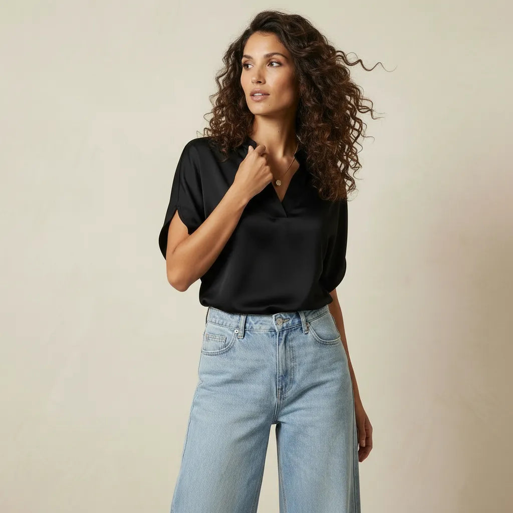 V-Neck Short Sleeve Women's Blouse with Minimalist Design