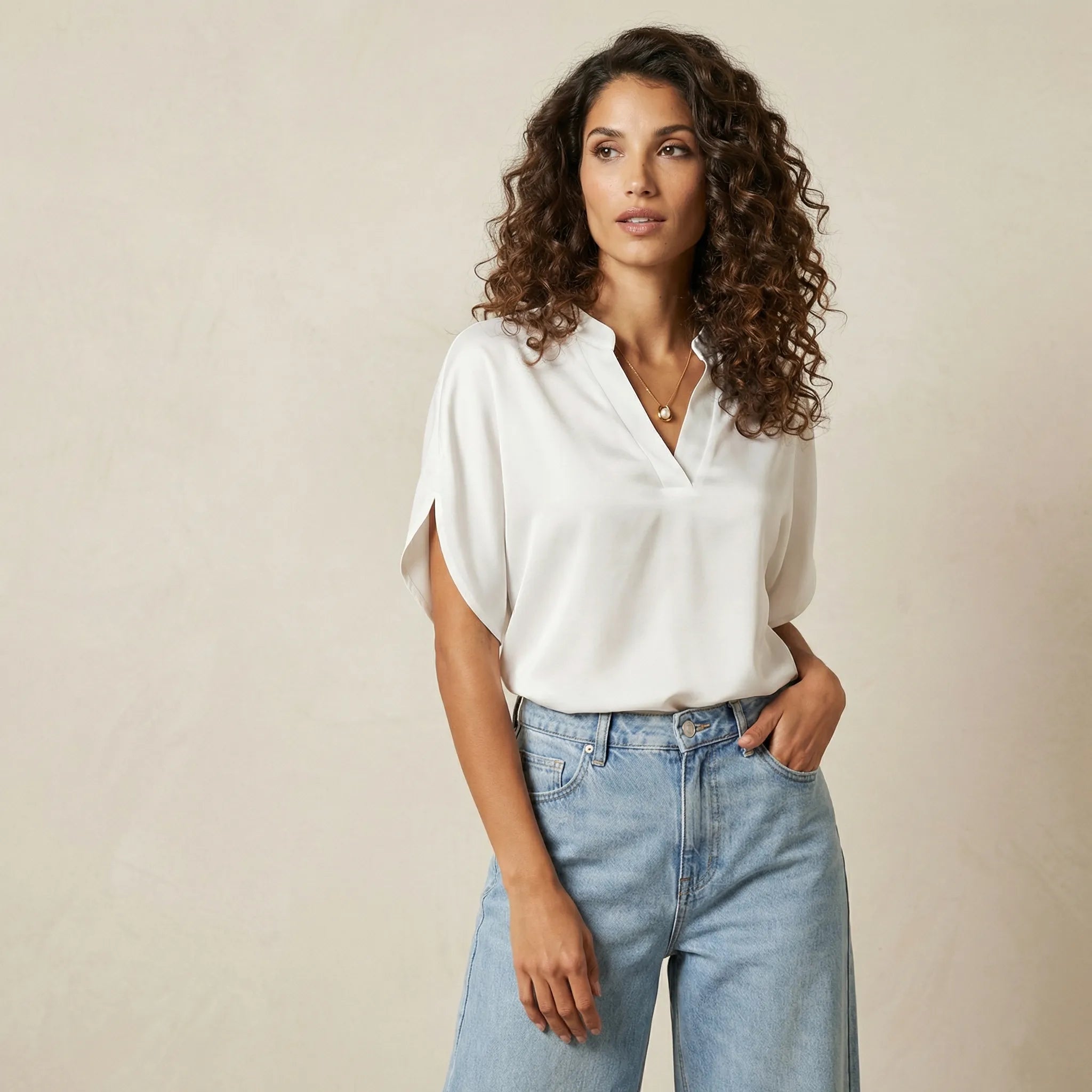 V-Neck Short Sleeve Women's Blouse with Minimalist Design