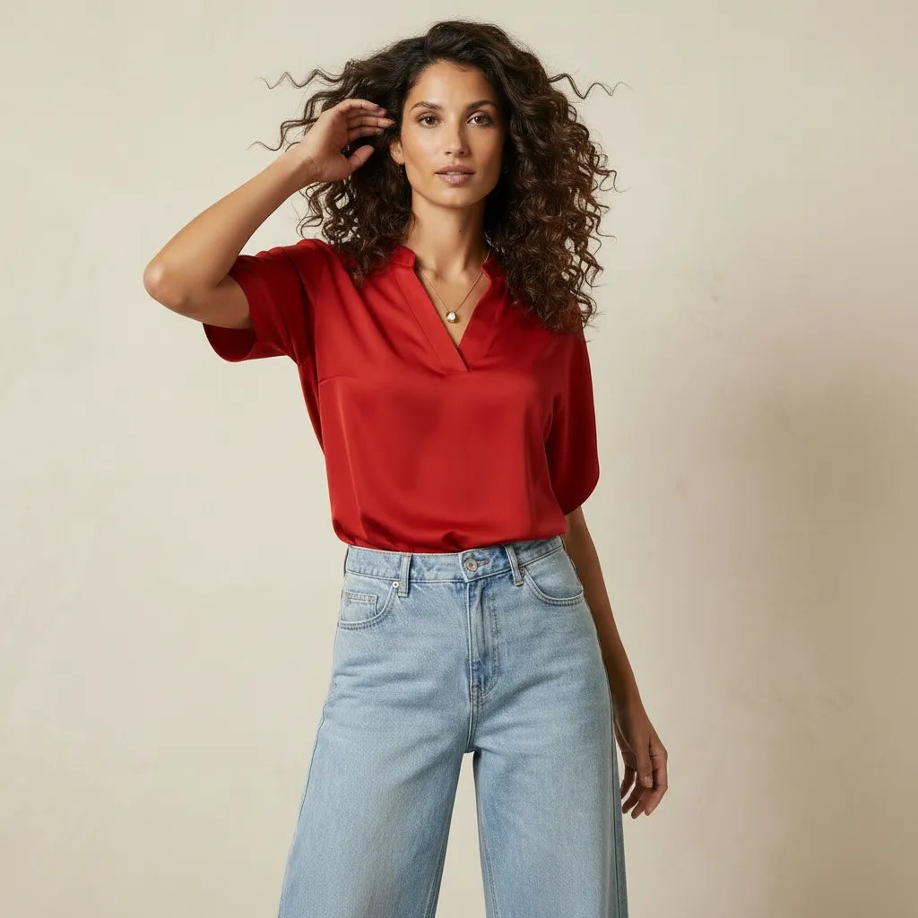 V-Neck Short Sleeve Women's Blouse with Minimalist Design