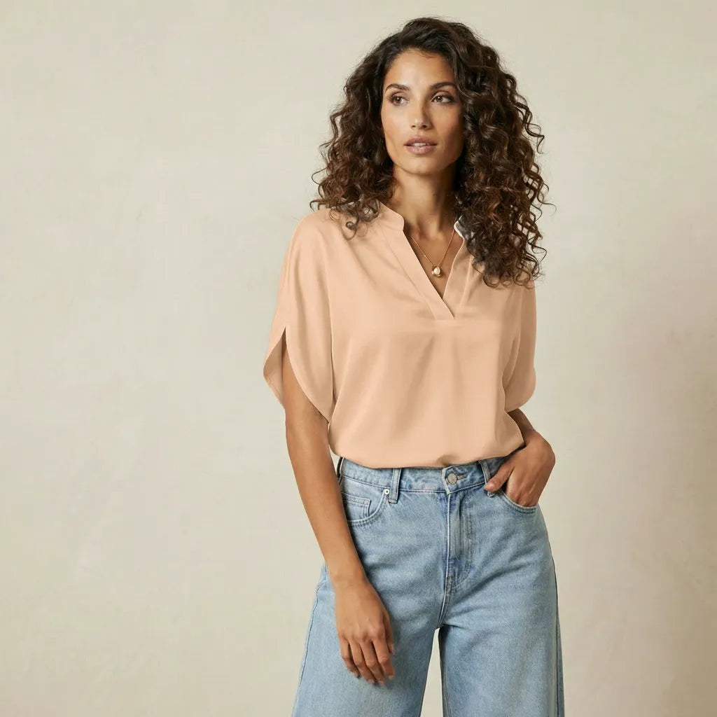 V-Neck Short Sleeve Women's Blouse with Minimalist Design