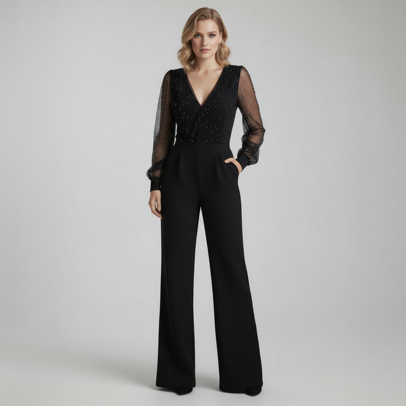 Wide Leg Jumpsuit for Women with V-Neck and Mesh Sleeves