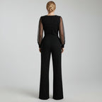 Wide Leg Jumpsuit for Women with V-Neck and Mesh Sleeves