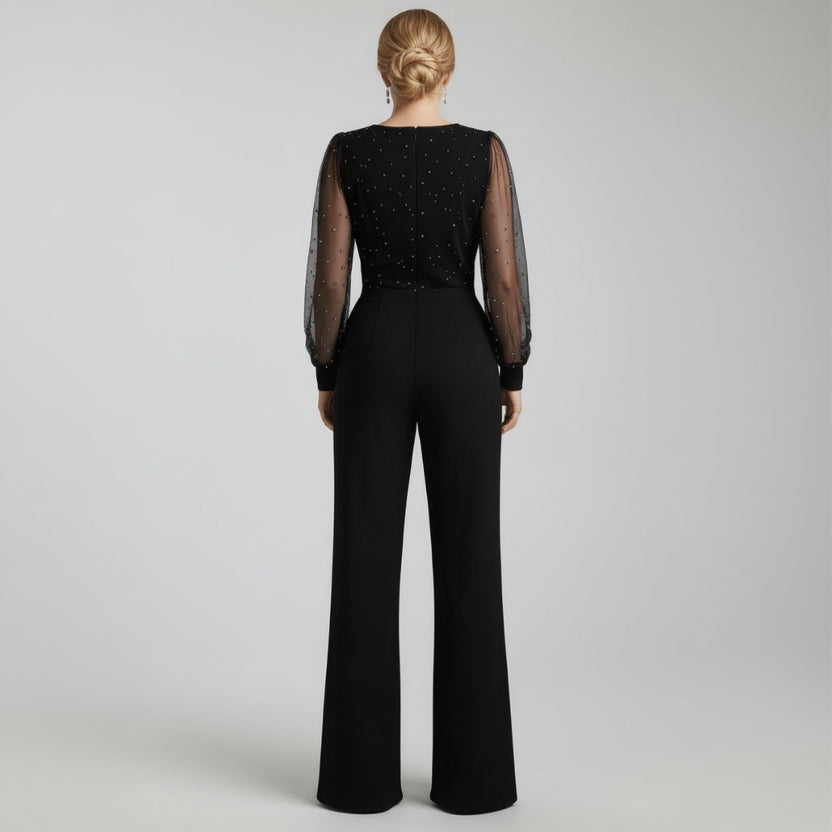 Wide Leg Jumpsuit for Women with V-Neck and Mesh Sleeves