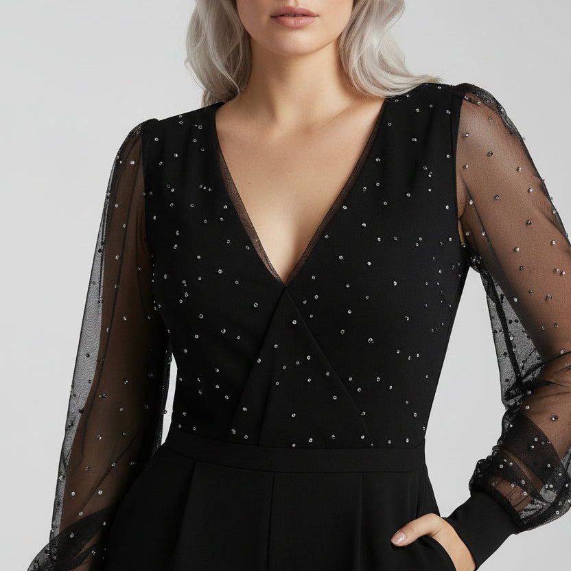 Wide Leg Jumpsuit for Women with V-Neck and Mesh Sleeves