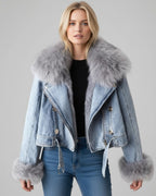 Women's Denim Jacket with Fluffy Shawl Collar