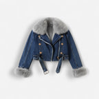 Women's Denim Jacket with Fluffy Shawl Collar