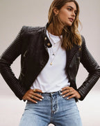Women's Leather Biker Jacket with Ribbed Sleeves