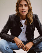 Women's Leather Biker Jacket with Ribbed Sleeves