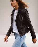 Women's Leather Biker Jacket with Ribbed Sleeves