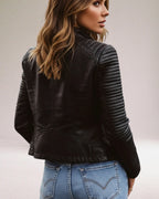 Women's Leather Biker Jacket with Ribbed Sleeves