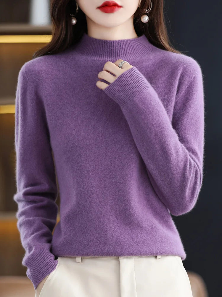 Women's Regular Fit Pure Wool Sweater with Ribbed Cuffs