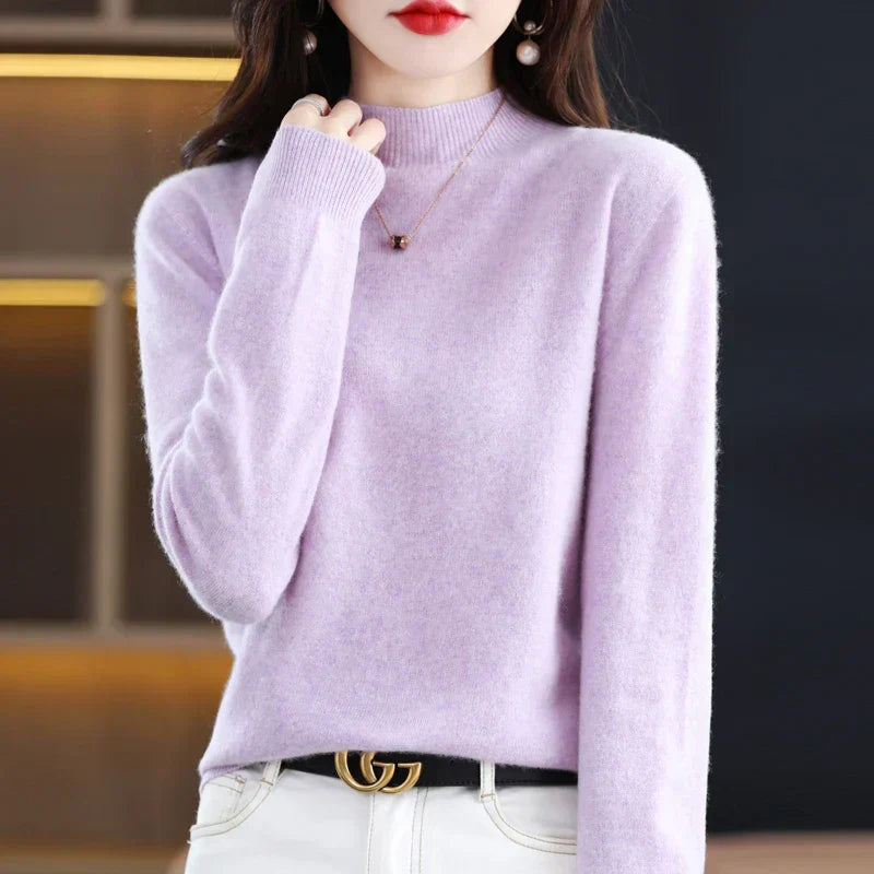 Women's Regular Fit Pure Wool Sweater with Ribbed Cuffs